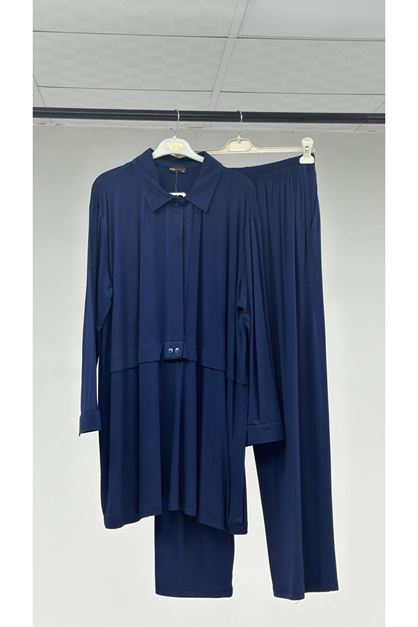 T-57038 Büyük Beden Erkek Yaka Düğme Detaylı Modal Pantolonlu  Takım - Lacivert