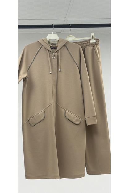 T-47068 Büyük Beden Çıtçıt Detaylı Modal Tunik Takım - Bej