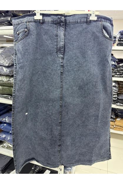 D-45002-3 Büyük Beden  Önden Fermuarlı Taşlamalı Defolu Kot Etek - Soğuk Mavi