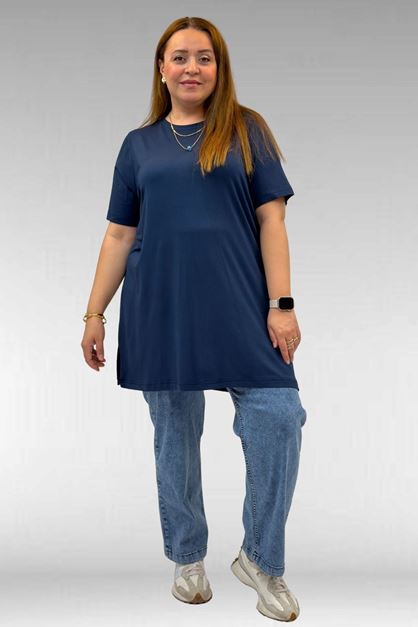 58507 Büyük Beden Yakası Biyeli Penye Tişört - Petrol