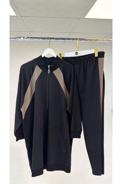 T-47088 Büyük Beden Omzu Taş Detaylı Pantolonlu Takım - Siyah Vizon