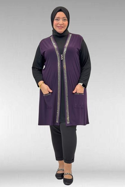 D-44001 Büyük Beden Önü Taş Detaylı Sandy Defolu Yelek - Mor