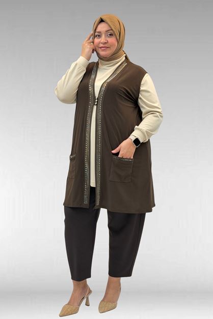 D-44001 Büyük Beden Önü Taş Detaylı Sandy Defolu Yelek - Kahve