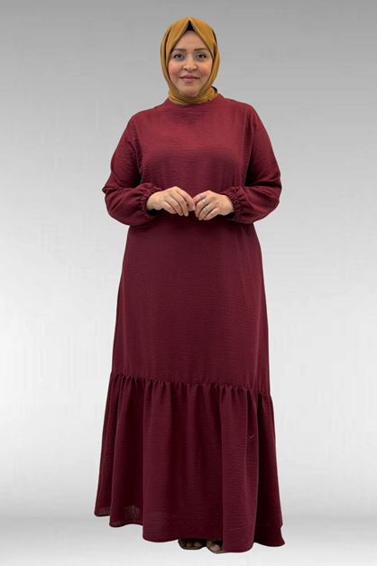 42027 Büyük Beden Eteği Büzgülü  Keten Elbise - Bordo
