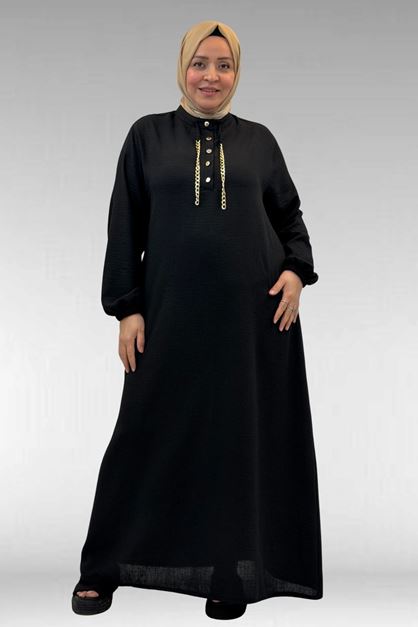 42010 Plus Size Linen Airobin Buttoned Dress-Black