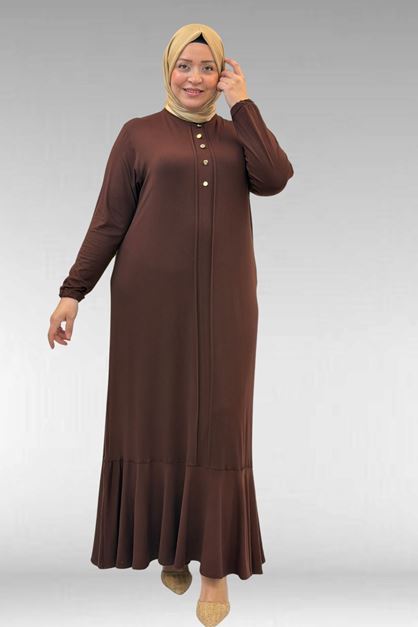 62006 Büyük Beden Önü Çıma Detaylı Penye Elbise - Kahve