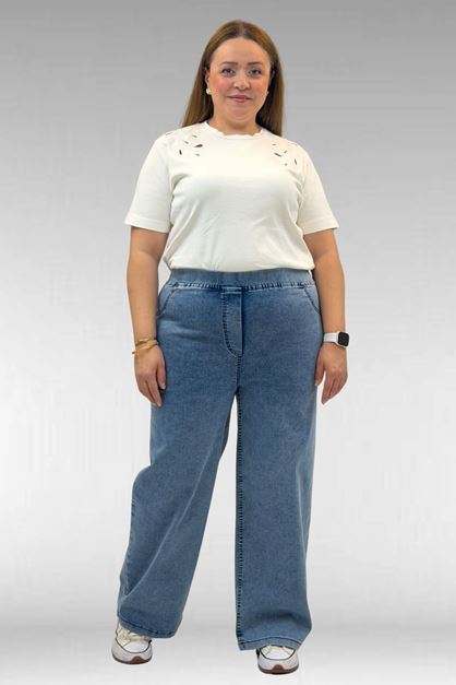 9182-10 Büyük Beden Bolpaça Beli Lastikli Kot Pantolon - Kar Yıkama Mavi