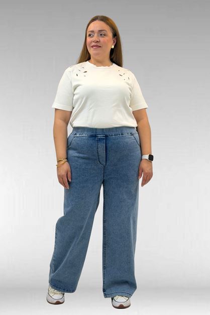 9182-10 Büyük Beden Bolpaça Beli Lastikli Kot Pantolon - Kar Yıkama Mavi