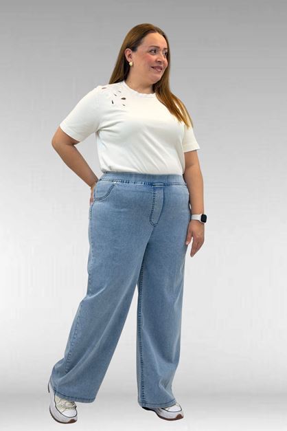 9182-10 Büyük Beden Bolpaça Beli Lastikli Kot Pantolon - Kar Yıkama Buz Mavi