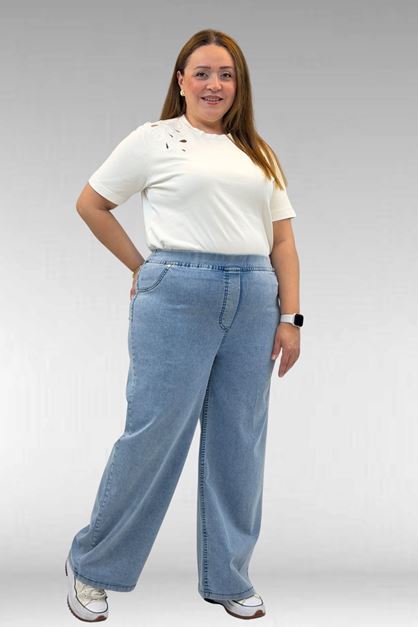 9182-10 Büyük Beden Bolpaça Beli Lastikli Kot Pantolon - Kar Yıkama Buz Mavi