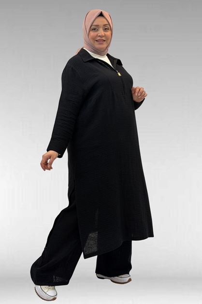 67026 Büyük Beden Erkek Yaka Yarım Fermuarlı Müslin Pantolonlu Takım - Siyah