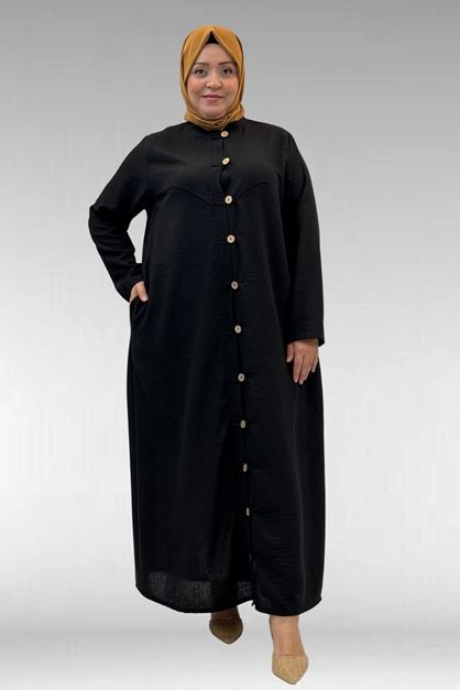 66003 Büyük Beden Boydan Düğmeli Keten Ferace - Siyah