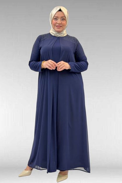 42003 Büyük Beden Taş Detaylı Sandy-Şifon Elbise - Lacivert
