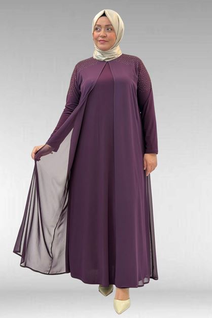 42003 Büyük Beden Taş Detaylı Sandy-Şifon Elbise - Mürdüm