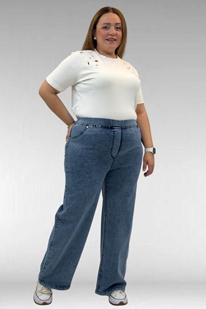 D-9182-10 Büyük Beden Bolpaça Beli Lastikli Kot Pantolon - Kar Yıkama Lacivert 