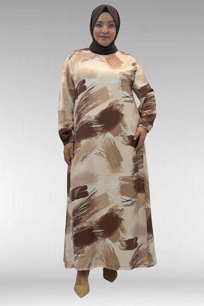 62007 Büyük Beden Kolu Lastikli Elbise - Desenli Çikolata Kahve