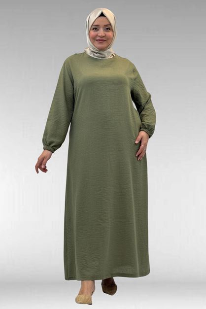62007 Büyük Beden Kolu Lastikli Elbise - Haki