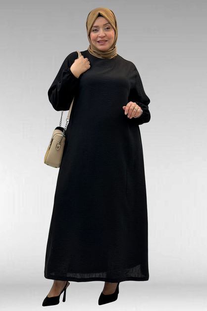 62007 Büyük Beden Kolu Lastikli Elbise - Siyah