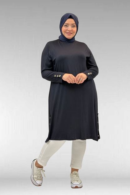 68029 Büyük Beden Yanları Kuşgözü Detaylı Penye Tunik - Koyu Lacivert