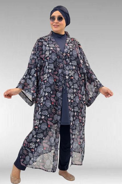 1735 Büyük Beden Garni Detaylı Pareo - Karışık Desen Laci