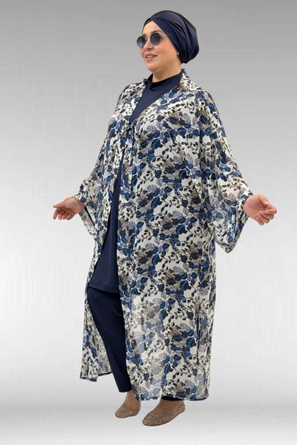1735 Büyük Beden Garni Detaylı Pareo - Yaprak Desen Mavi