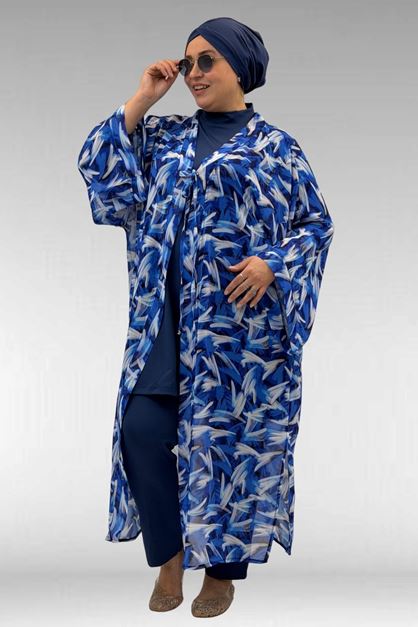 1735 Büyük Beden Garni Detaylı Pareo - Fırça Desen Saks