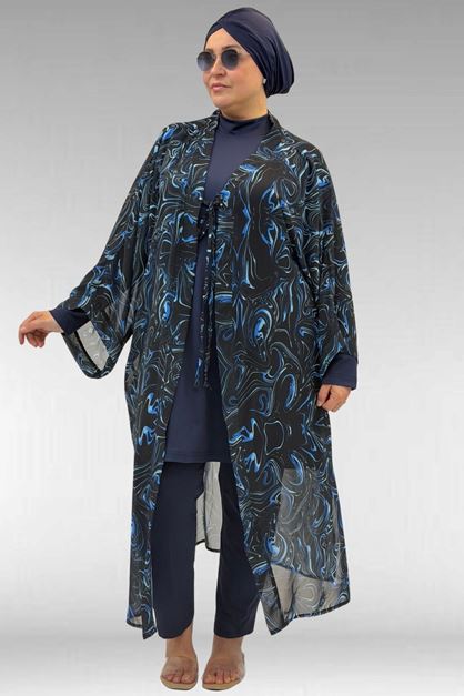 1735 Büyük Beden Garni Detaylı Pareo - Aqua Mavi