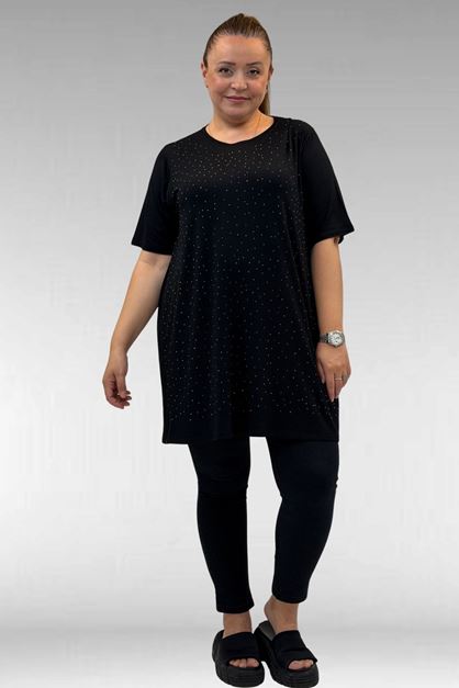 68501 Büyük Beden Yakası Biyeli Önü Taşlı Penye Tişört - Siyah