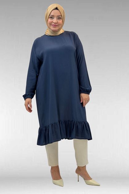 68033 Büyük Beden Eteği Fırfırlı Maroken Tunik - Lacivert