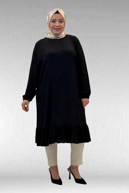 68033 Büyük Beden Eteği Fırfırlı Maroken Tunik - Siyah