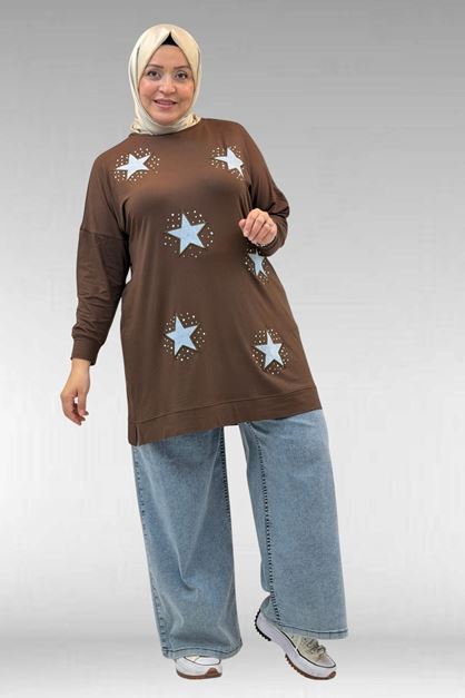 58013 Büyük Beden Önü Yıldız Ve Taş Detaylı Penye Tunik - Kahve