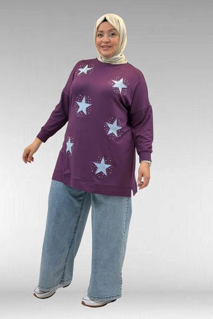 58013 Büyük Beden Önü Yıldız Ve Taş Detaylı Penye Tunik - Mürdüm