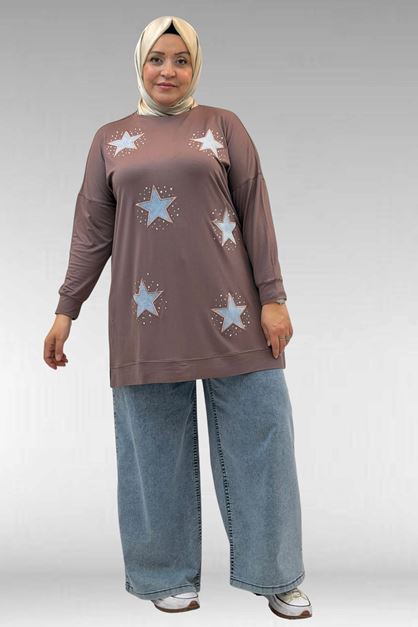 58013 Büyük Beden Önü Yıldız Ve Taş Detaylı Penye Tunik - Vizon