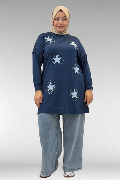 58013 Büyük Beden Önü Yıldız Ve Taş Detaylı Penye Tunik - İndigo