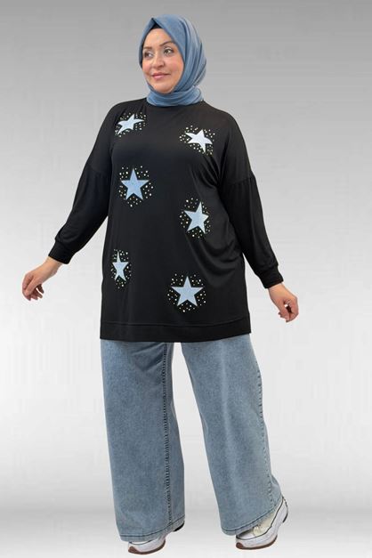 58013 Büyük Beden Önü Yıldız Ve Taş Detaylı Penye Tunik - Siyah