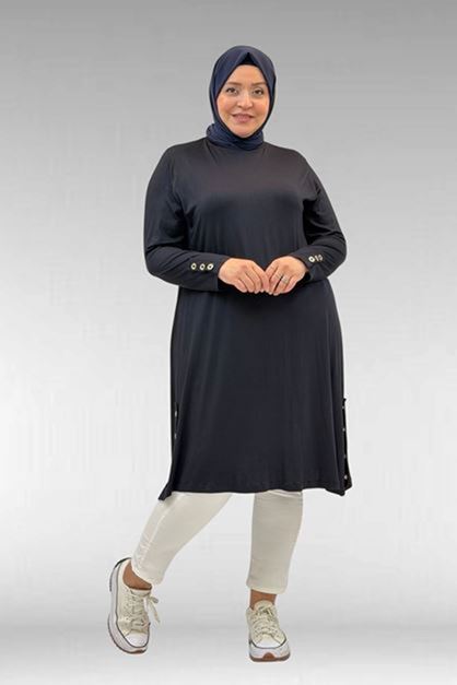 D-68029 Büyük Beden Yanları Kuşgözü Detaylı Penye Tunik - Koyu Lacivert 