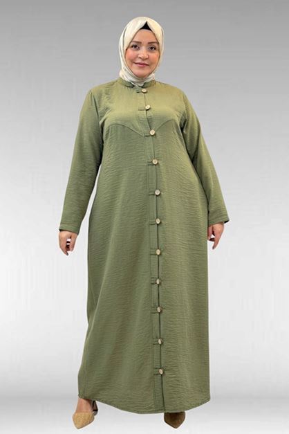 D-66003 Büyük Beden Boydan Düğmeli Keten Ferace - Haki