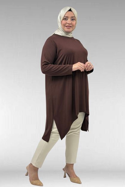 58070 Büyük Beden Asimetrik Kesim Penye Tunik - Kahve