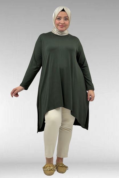 58070 Büyük Beden Asimetrik Kesim Penye Tunik - Haki