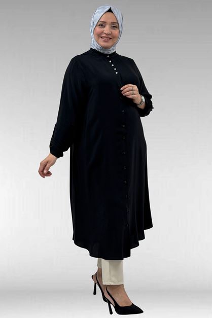 68039 Büyük Beden Hakim Yaka Maroken Gömlek - Siyah