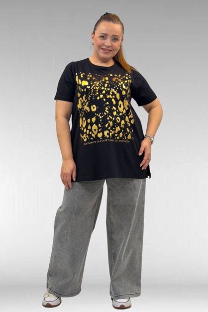 68502 Büyük Beden  Yakası Biyeli Önü Baskılı Penye Tişört - Siyah