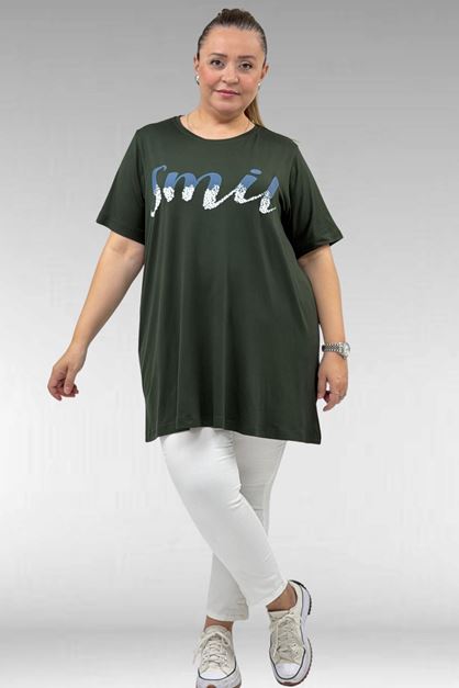 68503 Büyük Beden Yakası Biyeli Baskılı Penye Tişört - Haki