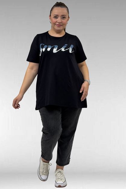 68503 Büyük Beden Yakası Biyeli Baskılı Penye Tişört - Siyah