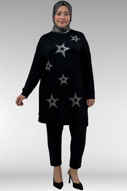 68027 Büyük Beden Yıldız Taş Baskılı Penye Tunik - Siyah
