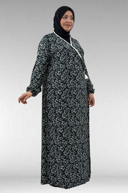 62014 Büyük Beden Desenli  Namaz Elbisesi - Siyah Çiçekli