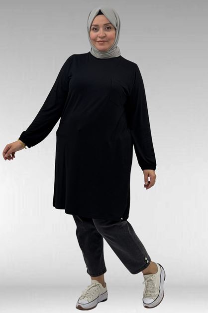 38014 Plus Size Pocket Detailed Combed Cotton Tunic - Black