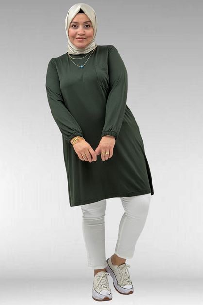 38014 Plus Size Pocket Detailed Combed Cotton Tunic - Khaki