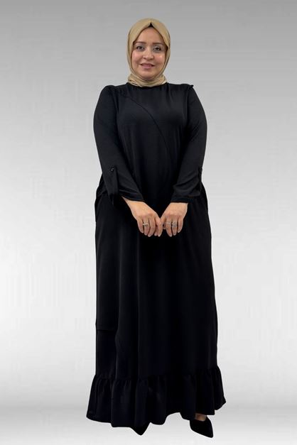 62010 Büyük Beden Ön  Patlı Pat Üzeri Perçinli Airobin Elbise - Siyah