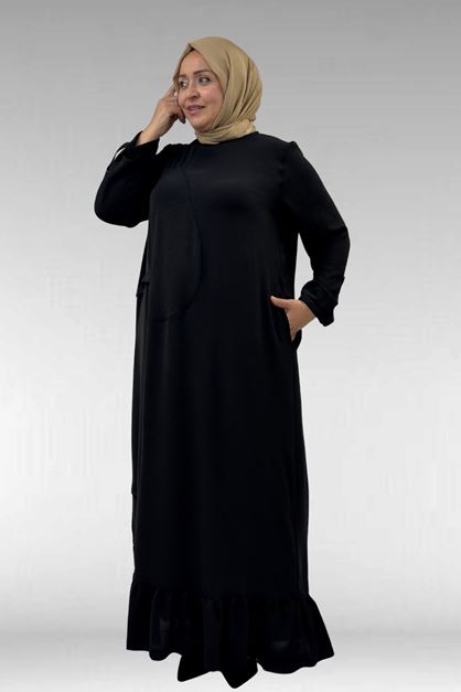 62010 Büyük Beden Ön  Patlı Pat Üzeri Perçinli Airobin Elbise - Siyah