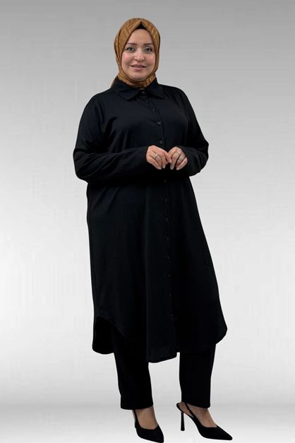 37013 Large Size Buttoned Suit with Wrinkled Trousers-Black